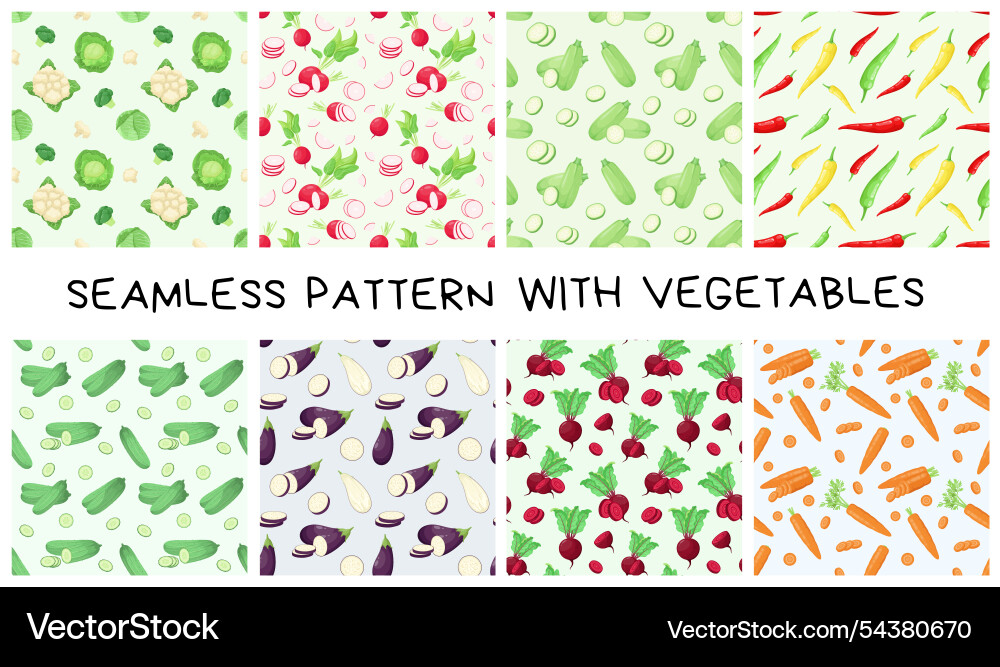 A set of seamless patterns with vegetables A set of seamless patterns with vegetables vector image