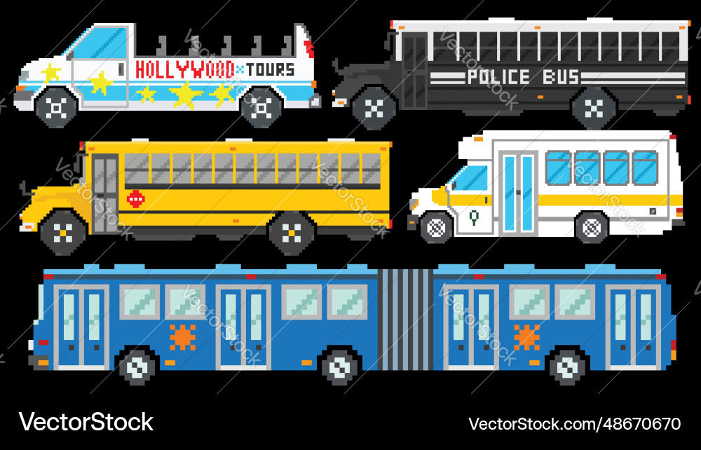 City buses set designed based on 8 bit size vector image