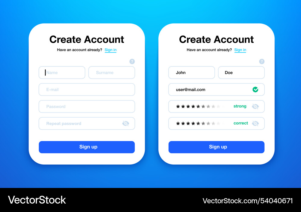 Create account ui sign up and log in form Create account ui sign up and log in form Vector Image