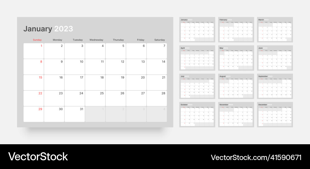 Monatlicher Kalender für 2023 Jahre beginnt am Sonntag Monatlicher Kalender für 2023 Jahre beginnt am Sonntag vektorbild