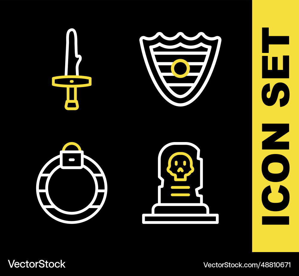 Set line shield grave with tombstone magic ring Vector Image