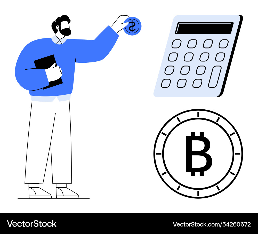 Man calculating cryptocurrency value using Vector Image