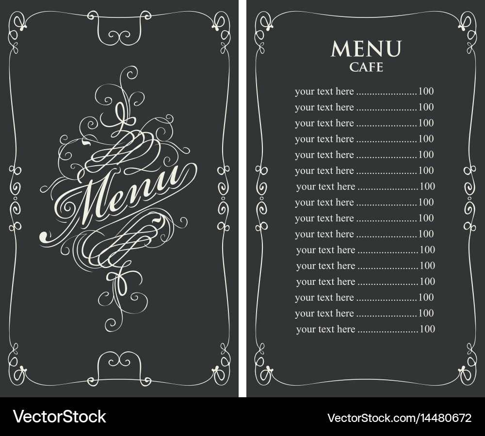 Menu for cafe with price list and curlicues frame vector image