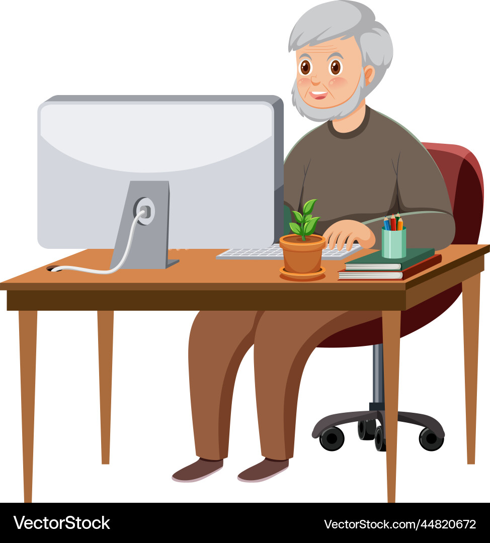 Old man sitting in front of computer Vector Image