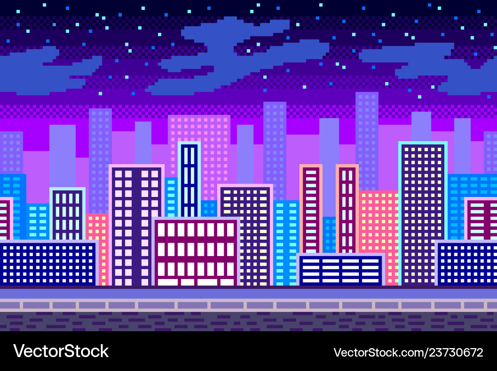 Pixel art night city seamless background detailed Pixel art night city seamless background detailed vector image