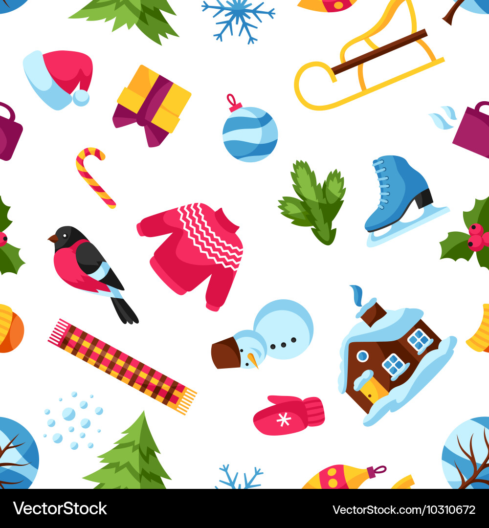 Seamless pattern with winter objects merry vector image