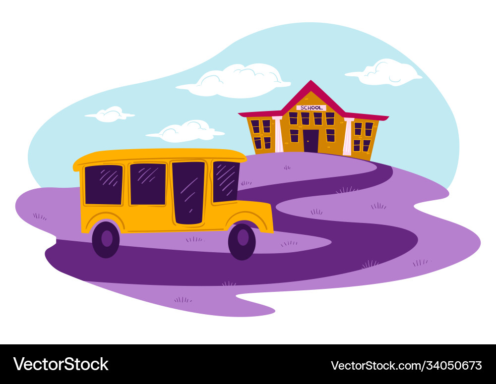 School bus riding down path to building School bus riding down path to building vector image