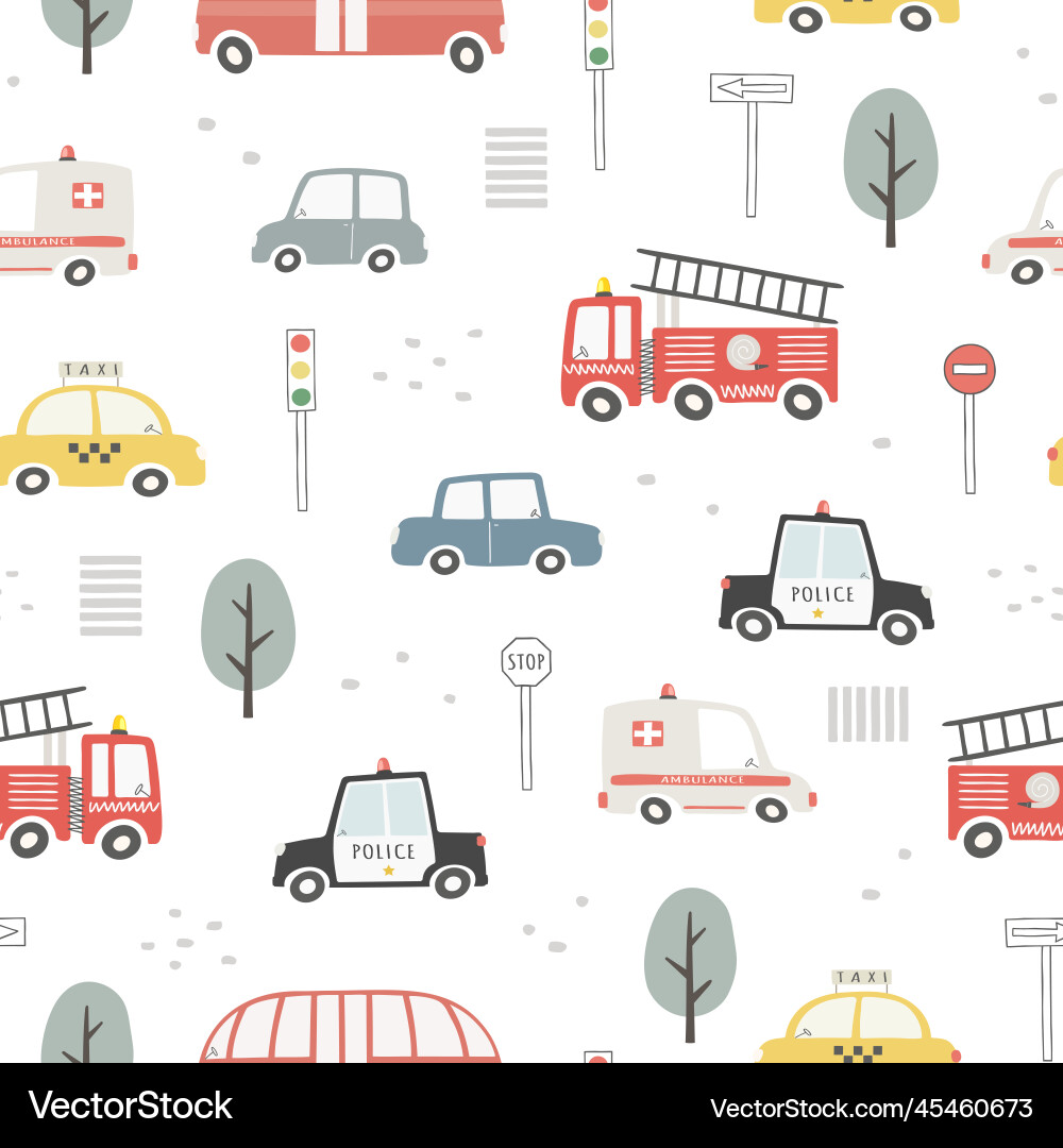 Seamless pattern with cute cars traffic lights Seamless pattern with cute cars traffic lights vector image