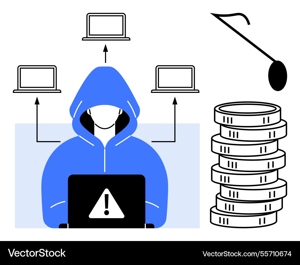 Hacker in hoodie accessing laptop with alert Hacker in hoodie accessing laptop with alert vector image