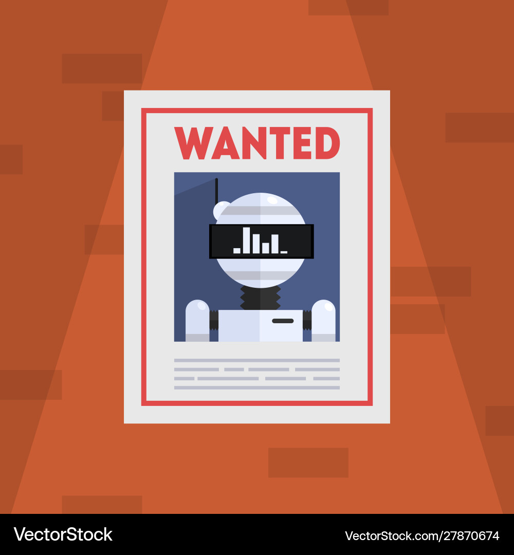 Wanted robot criminal banner template cybercrime Wanted robot criminal banner template cybercrime vector image