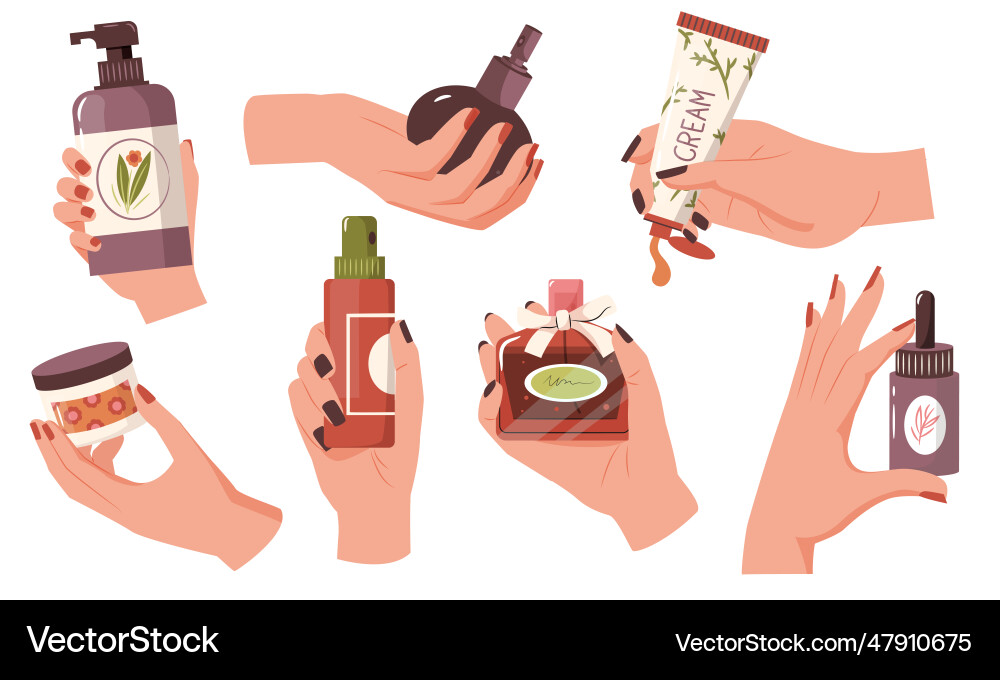 Cartoon hands with cosmetics woman Cartoon hands with cosmetics woman vector image