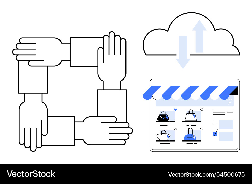 Cloud-based online store with teamwork Cloud-based online store with teamwork vector image