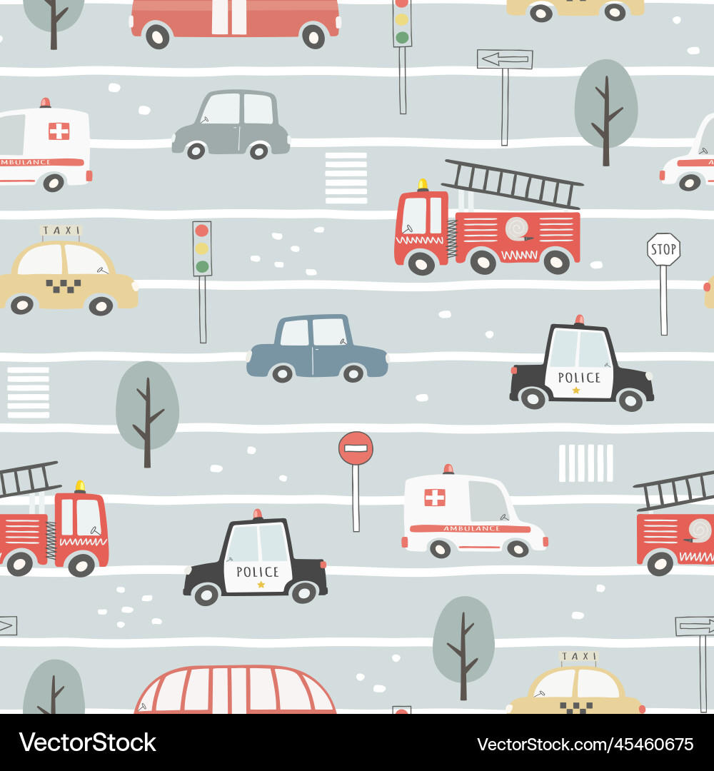 Seamless pattern with cute cars traffic lights Seamless pattern with cute cars traffic lights vector image