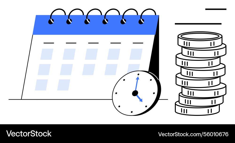 Calendar clock and stacked coins representing Calendar clock and stacked coins representing vector image