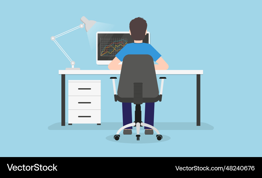 Man is working on the computer back view person Man is working on the computer back view person vector image