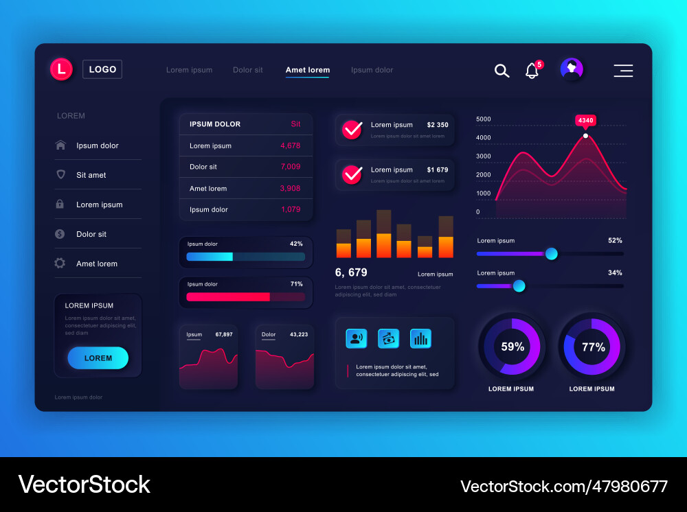 Neumorphic dashboard ui kit admin panel design vector image
