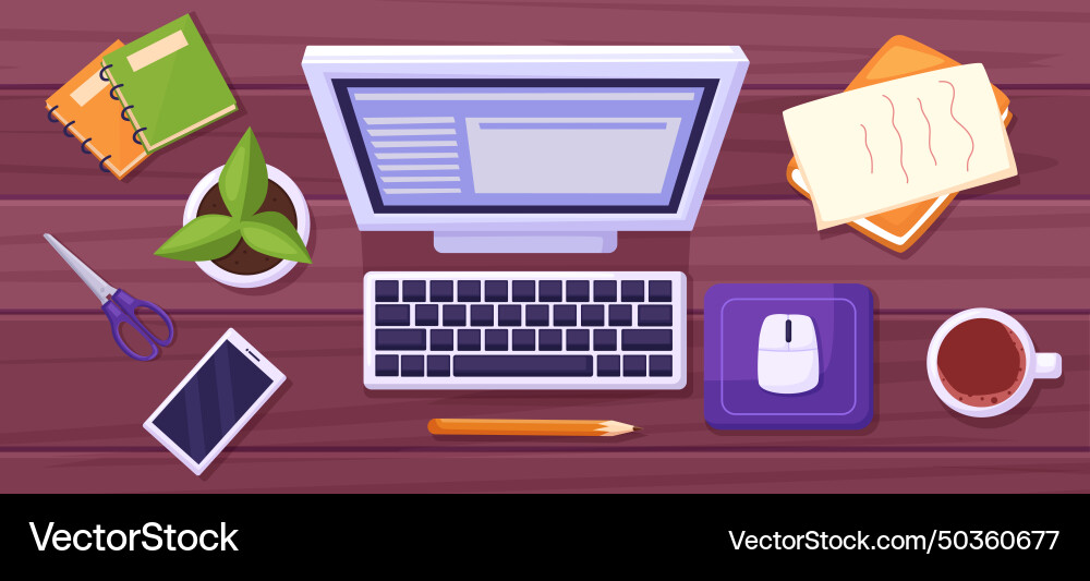 Office workspace top view smartphone computer Office workspace top view smartphone computer vector image