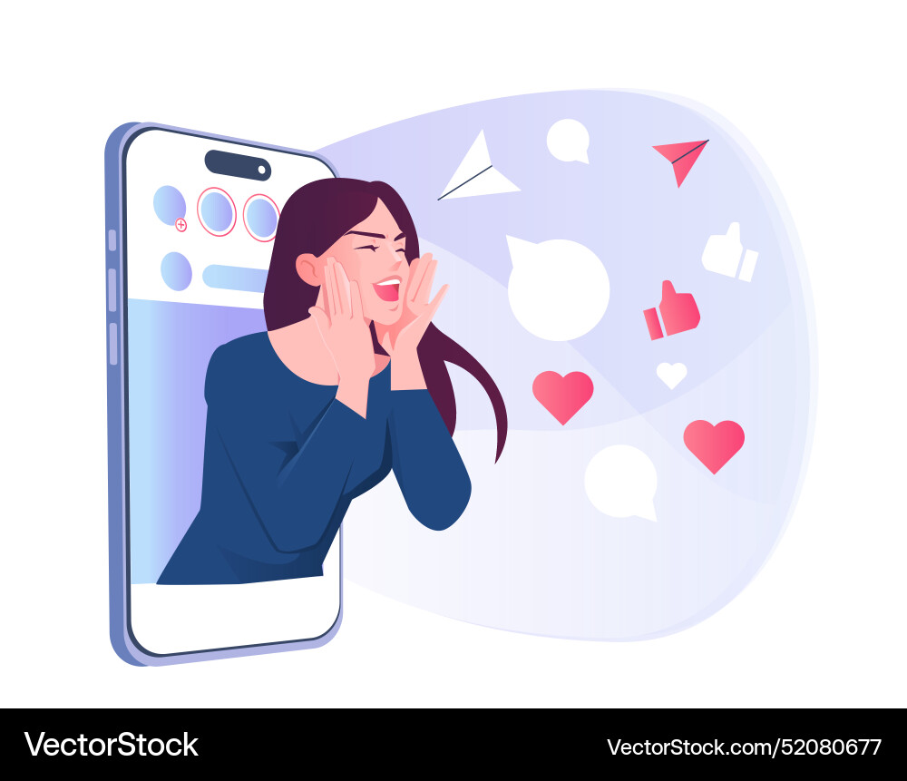 Social Media Benutzer glücklich Mädchen sieht aus Social Media Benutzer glücklich Mädchen sieht aus Vektorbild