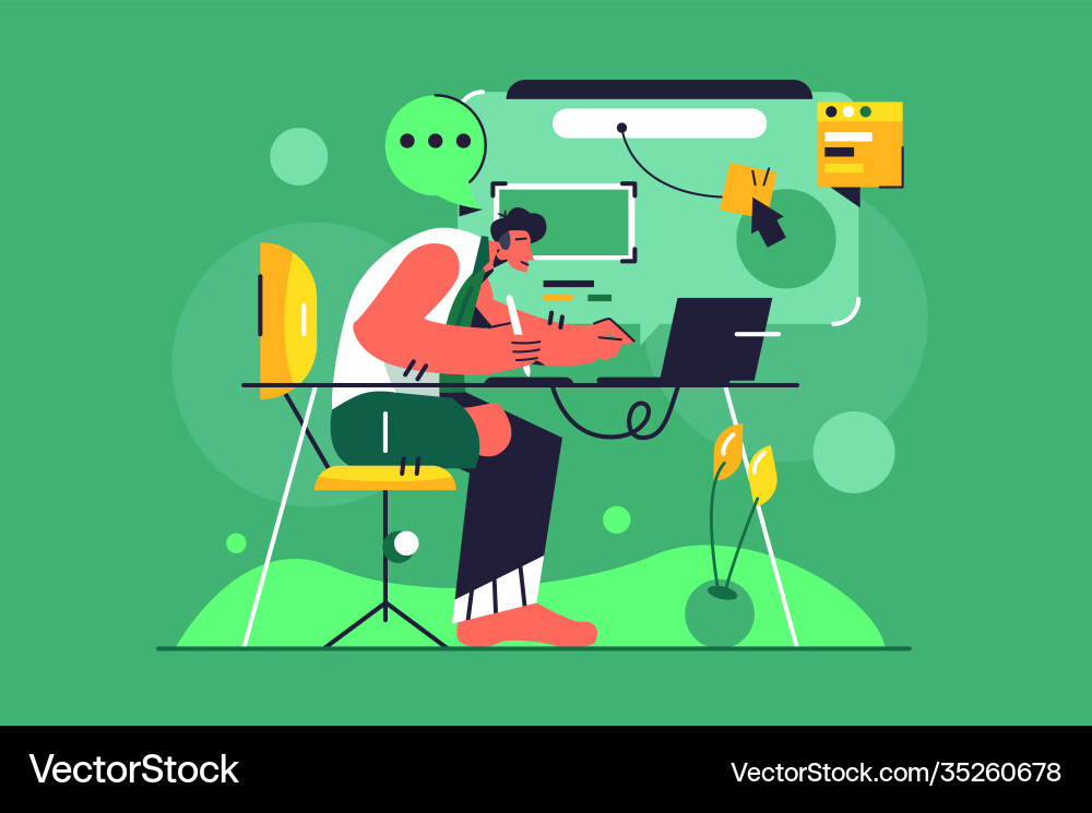 Designer guy is working at computer Designer guy is working at computer vector image