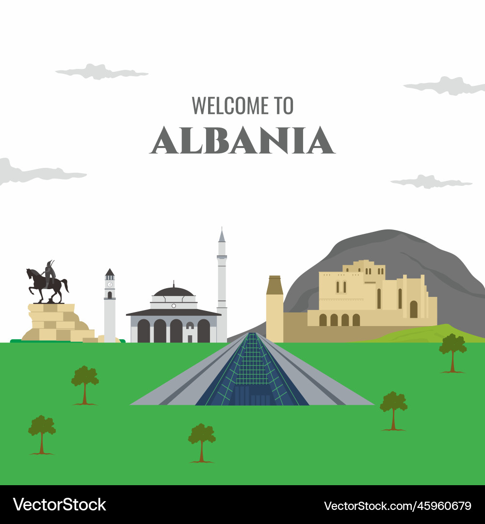 Wohnung Cartoon albania Wahrzeichen Gebäude willkommen Wohnung Cartoon albania Wahrzeichen Gebäude willkommen vektorbild