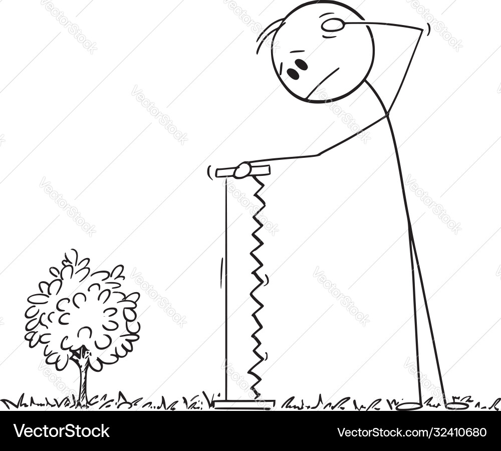 Perplexed Forester with Large Saw Vector Image