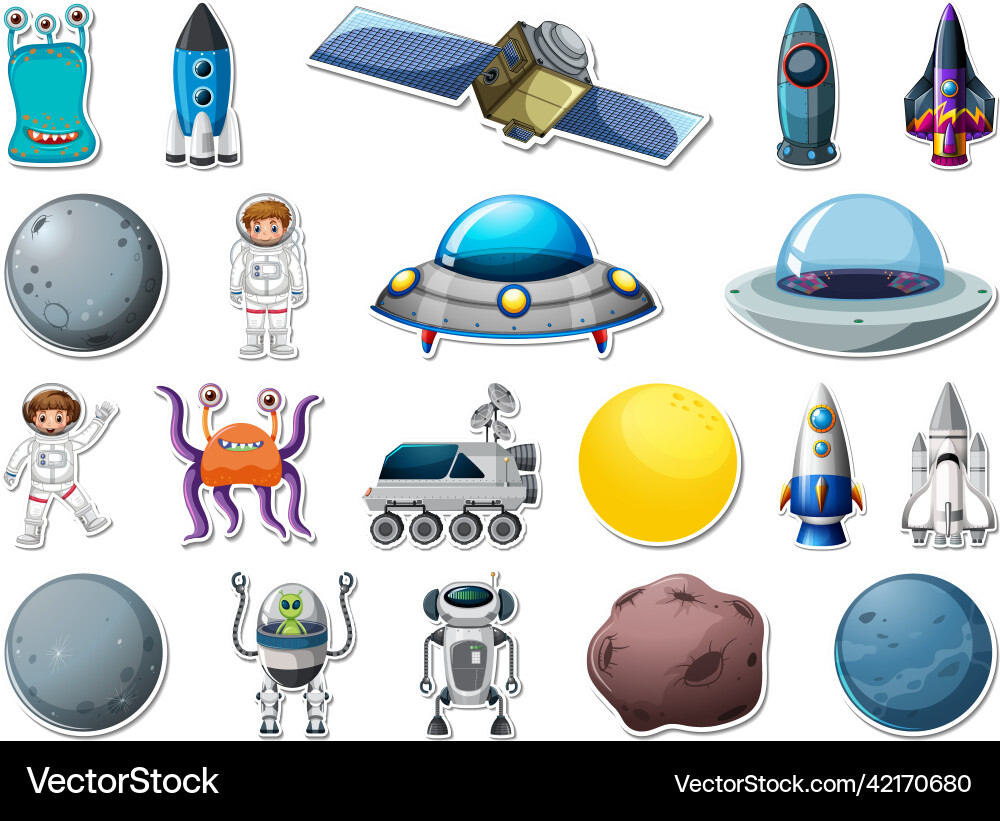 Sticker set of outer space objects and astronauts Sticker set of outer space objects and astronauts vector image
