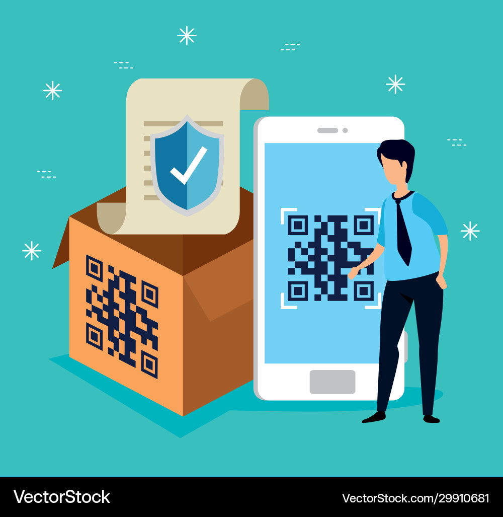 Code qr in smartphone with businessman and icons Code qr in smartphone with businessman and icons vector image