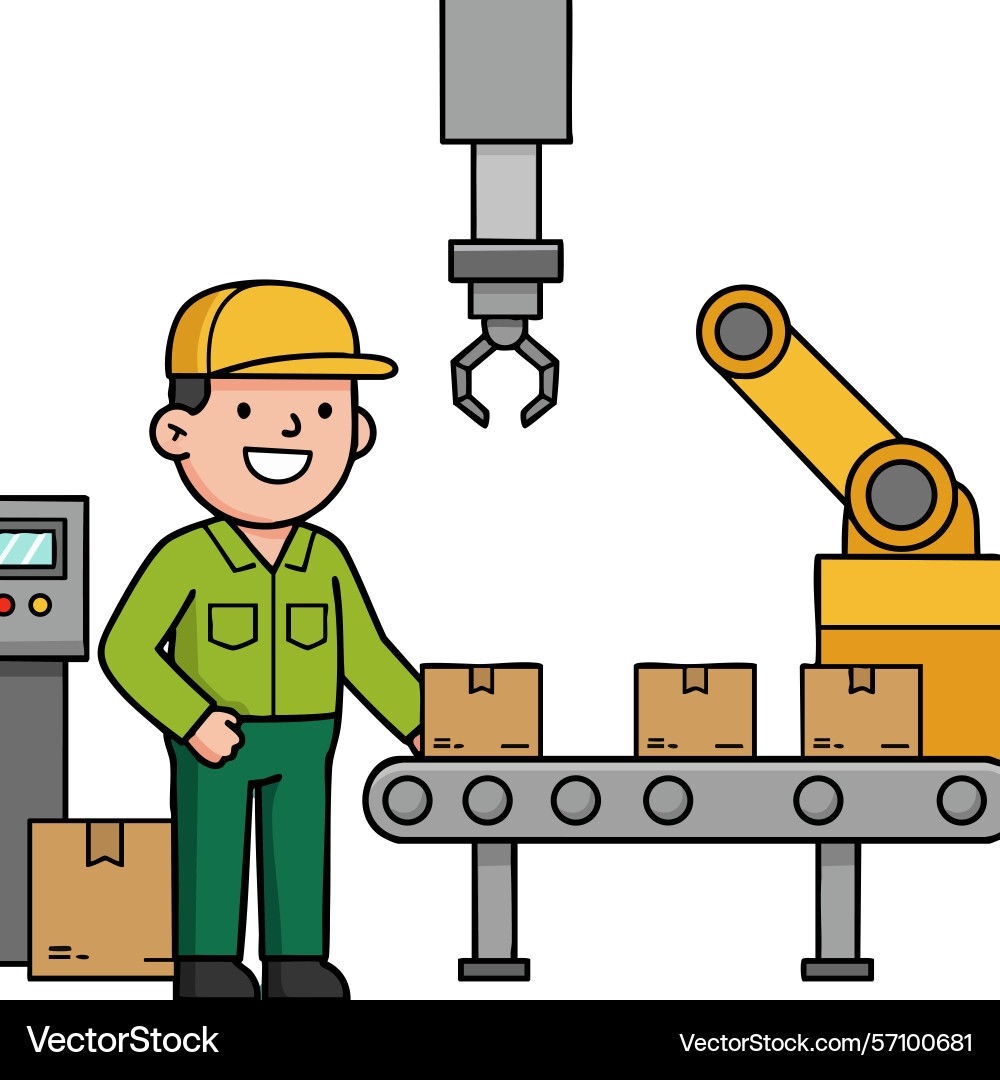 Factory worker operating robotic arm and conveyor Factory worker operating robotic arm and conveyor vector image
