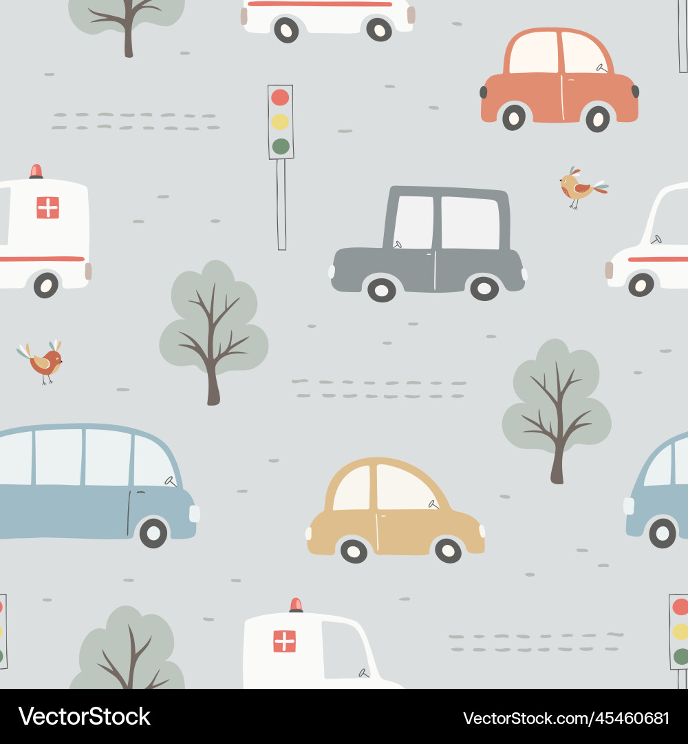 Seamless pattern with cute cars traffic lights Seamless pattern with cute cars traffic lights vector image
