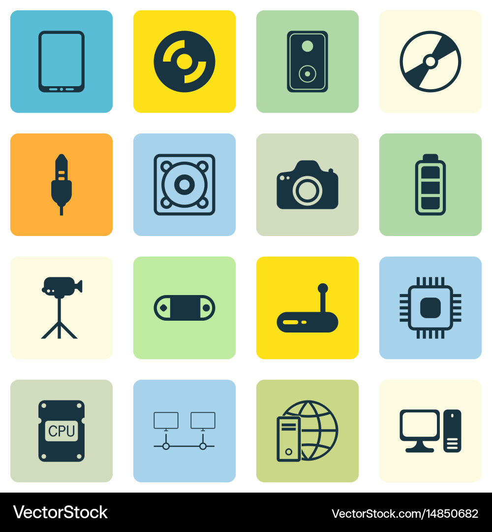 Set of 16 computer hardware icons includes audio vector image