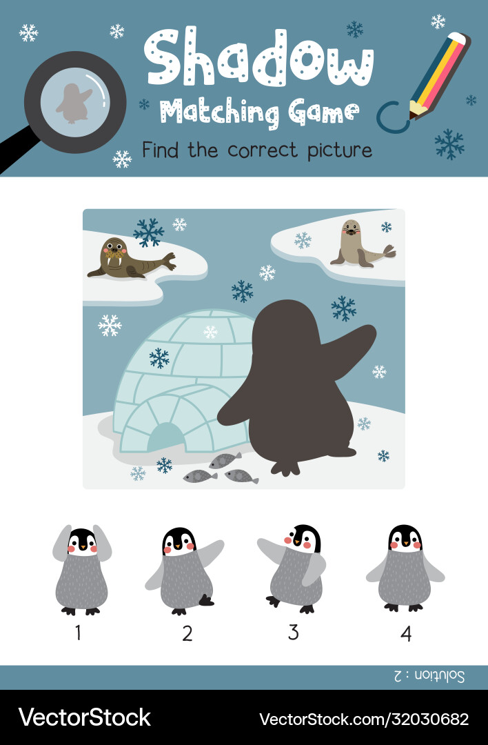 Shadow matching game funny penguin and igloo Shadow matching game funny penguin and igloo vector image