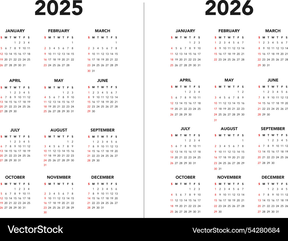 Calendar 2025 and 2026 templates start Royalty Free Vector
