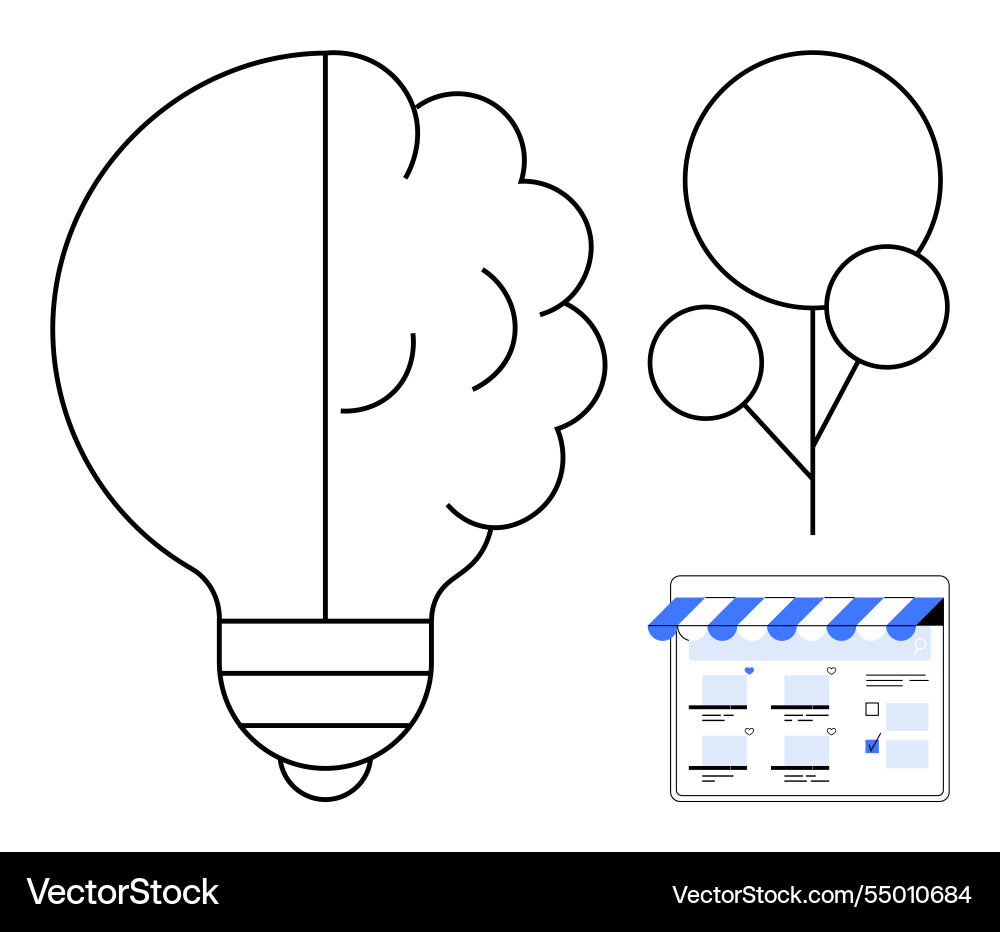 Light bulb brain with minimal tree and shop icon Light bulb brain with minimal tree and shop icon vector image