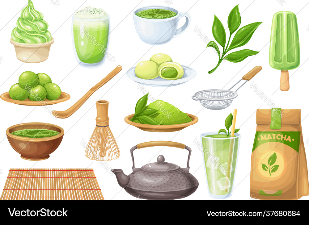 Matcha tea ceremony icons set