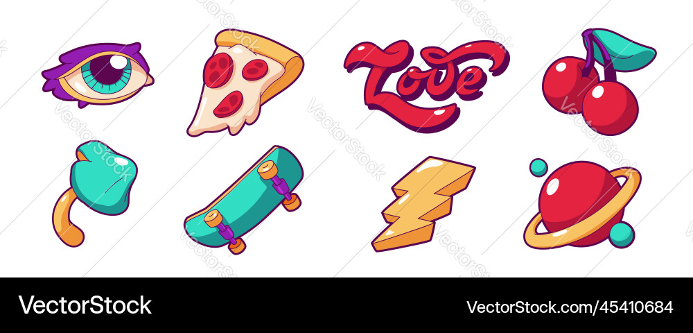 Retro groovy stickers with planet mushroom vector image