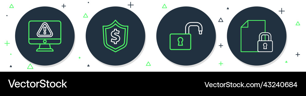 Set line shield with dollar open padlock monitor Vector Image