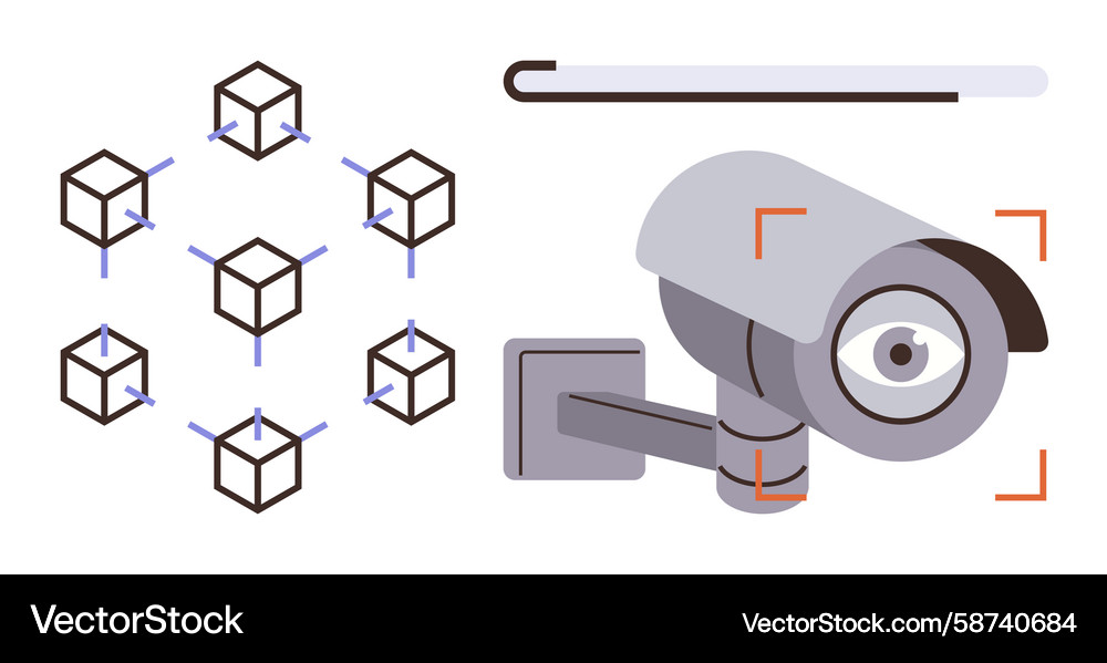Surveillance camera overseeing blockchain network Surveillance camera overseeing blockchain network Vector Image