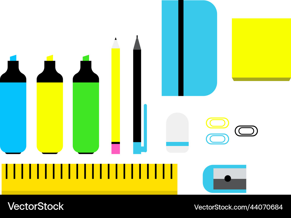 Writing tools set pens and markers with notepads Writing tools set pens and markers with notepads Vector Image