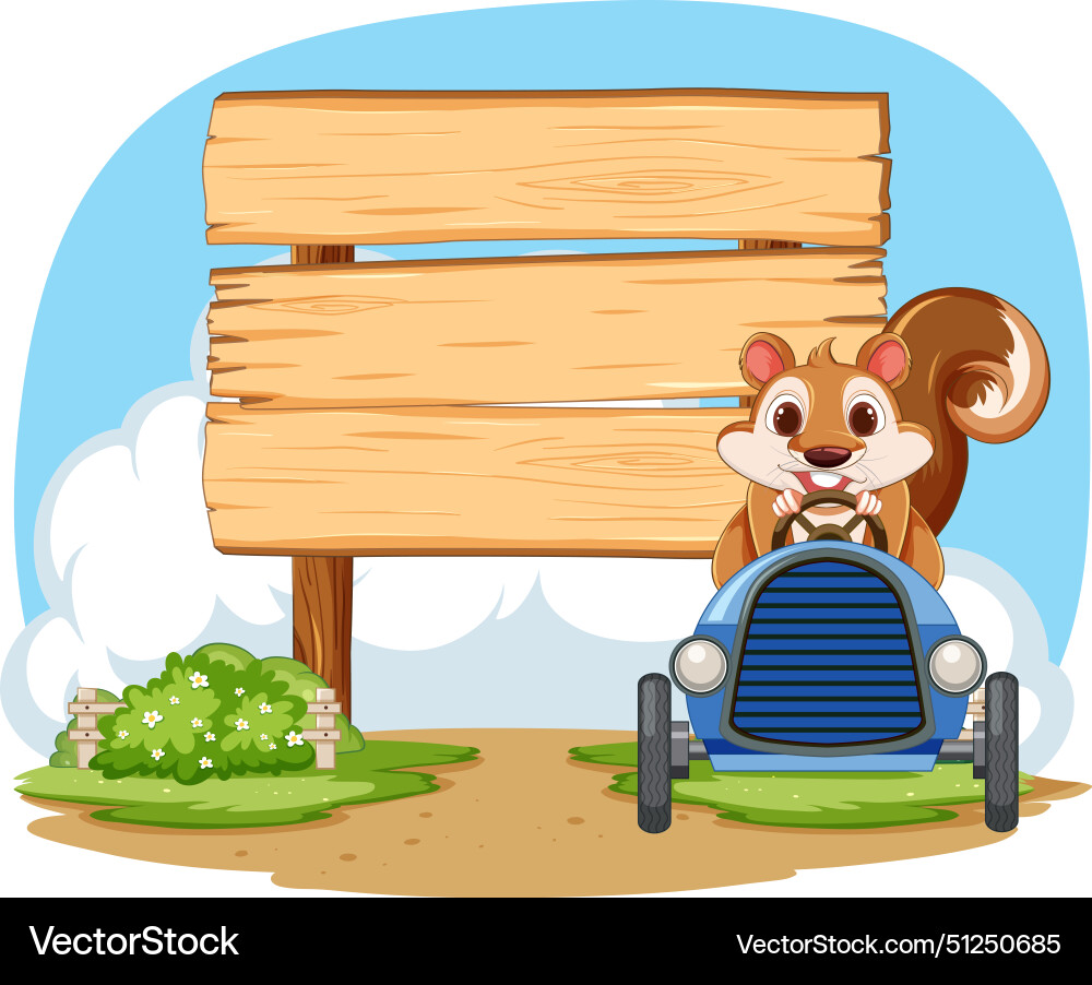 Cartoon squirrel driving a blue car near sign Cartoon squirrel driving a blue car near sign vector image