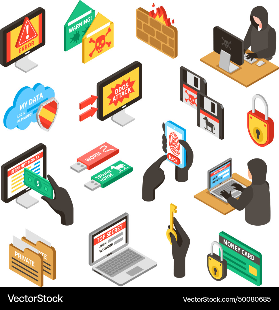 Internet hacker 3d isometric set Vector Image