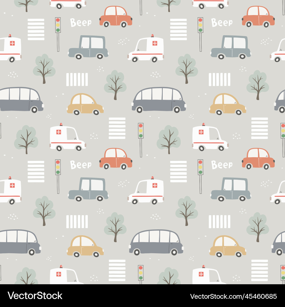 Seamless pattern with cute cars traffic lights Seamless pattern with cute cars traffic lights vector image