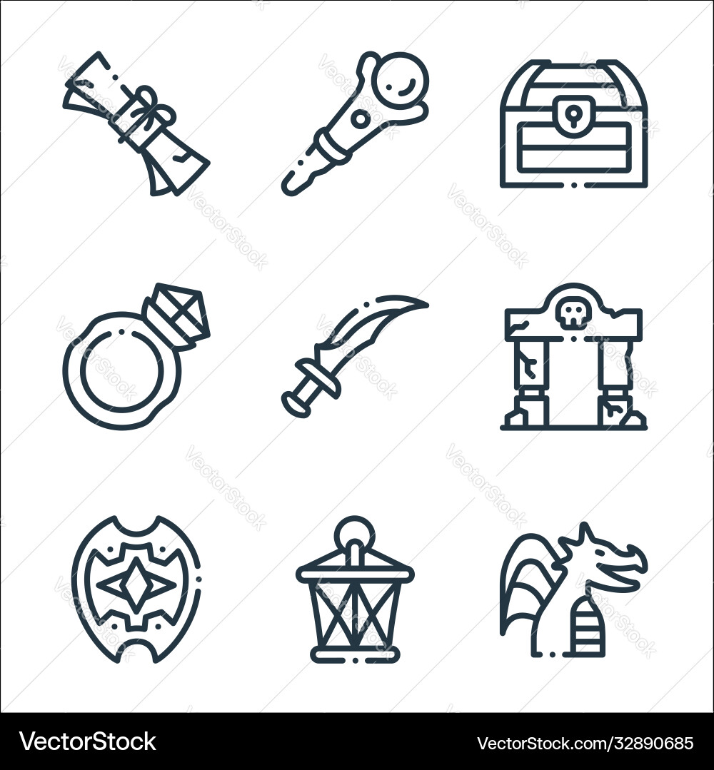 Videogame elements line icons linear set quality Videogame elements line icons linear set quality vector image