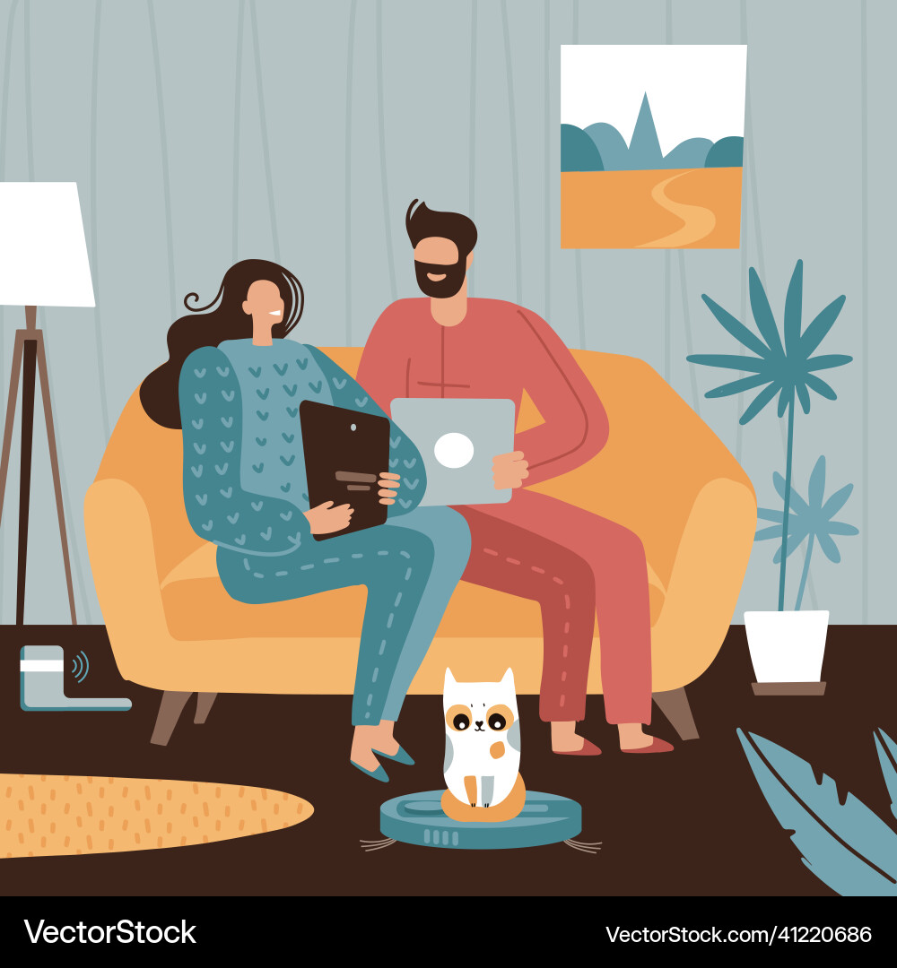 Couple sitting on sofa and working laptop cat Couple sitting on sofa and working laptop cat vector image
