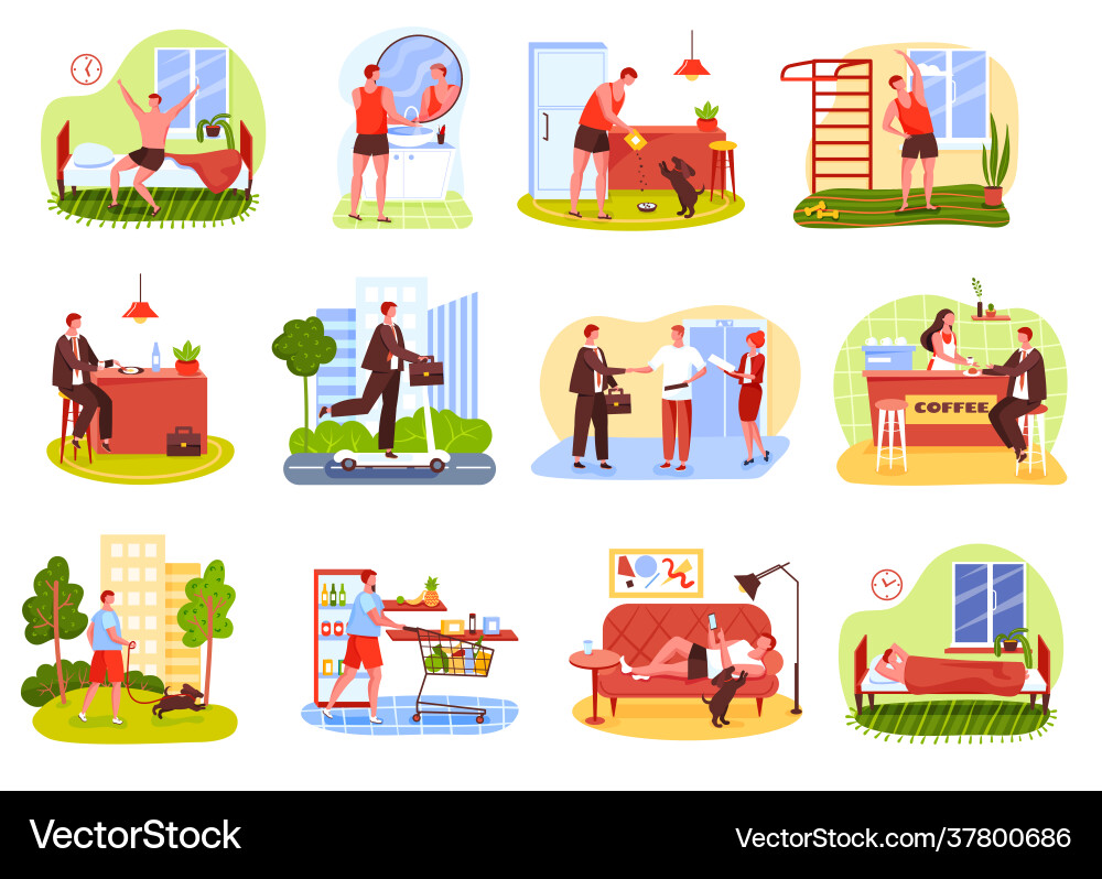 Man daily routine waking up working at office Man daily routine waking up working at office vector image