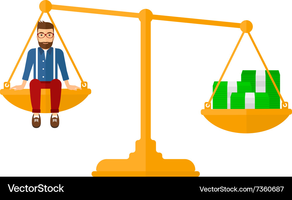 Man sitting on scale with coins Vector Image
