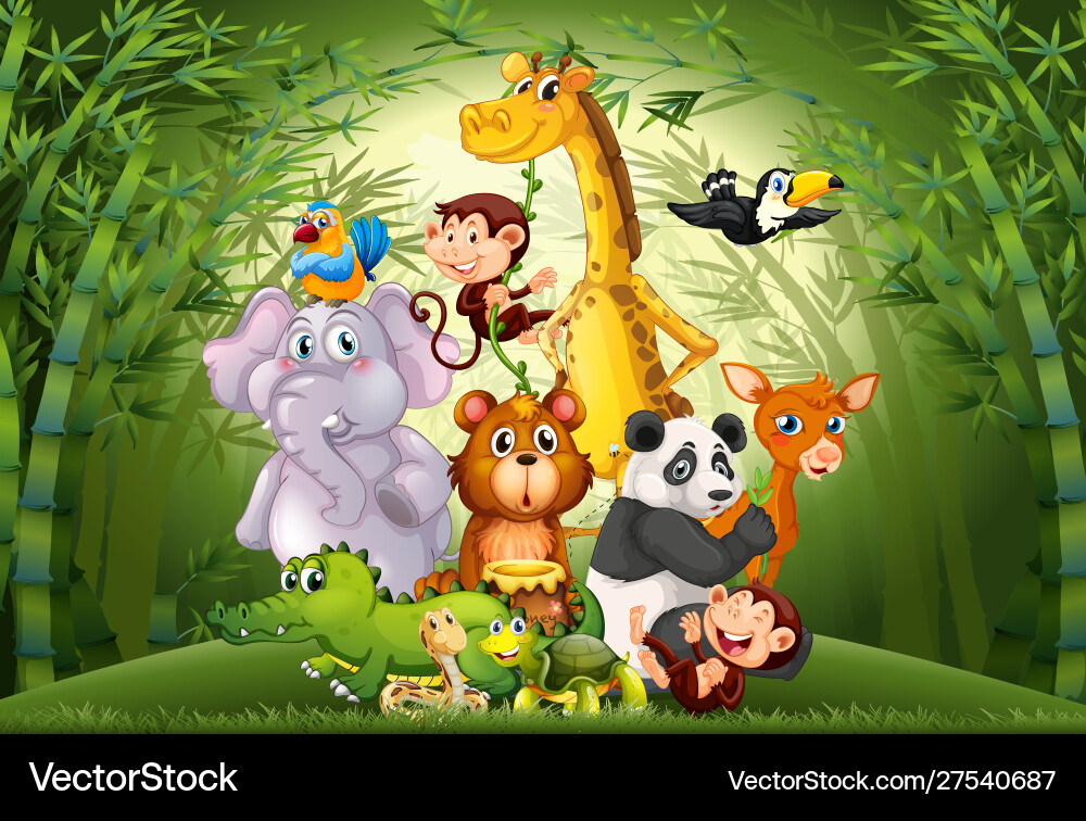 Many animals in bamboo forest Many animals in bamboo forest vector image