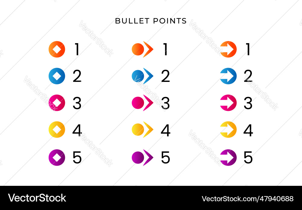 Colorful bullet point number with gradient arrow Colorful bullet point number with gradient arrow Vector Image