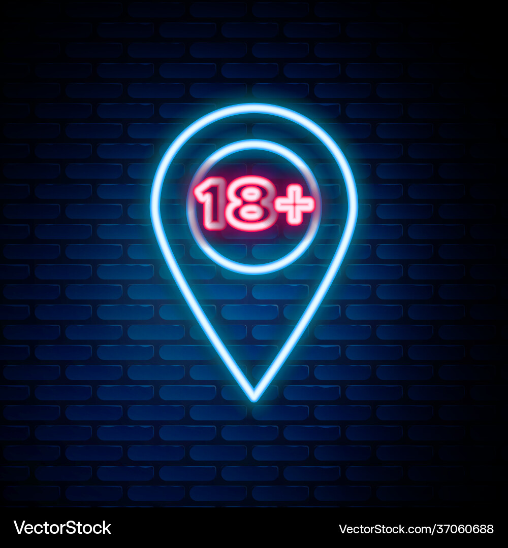 Glowing neon line map pointer with 18 plus icon Glowing neon line map pointer with 18 plus icon vector image
