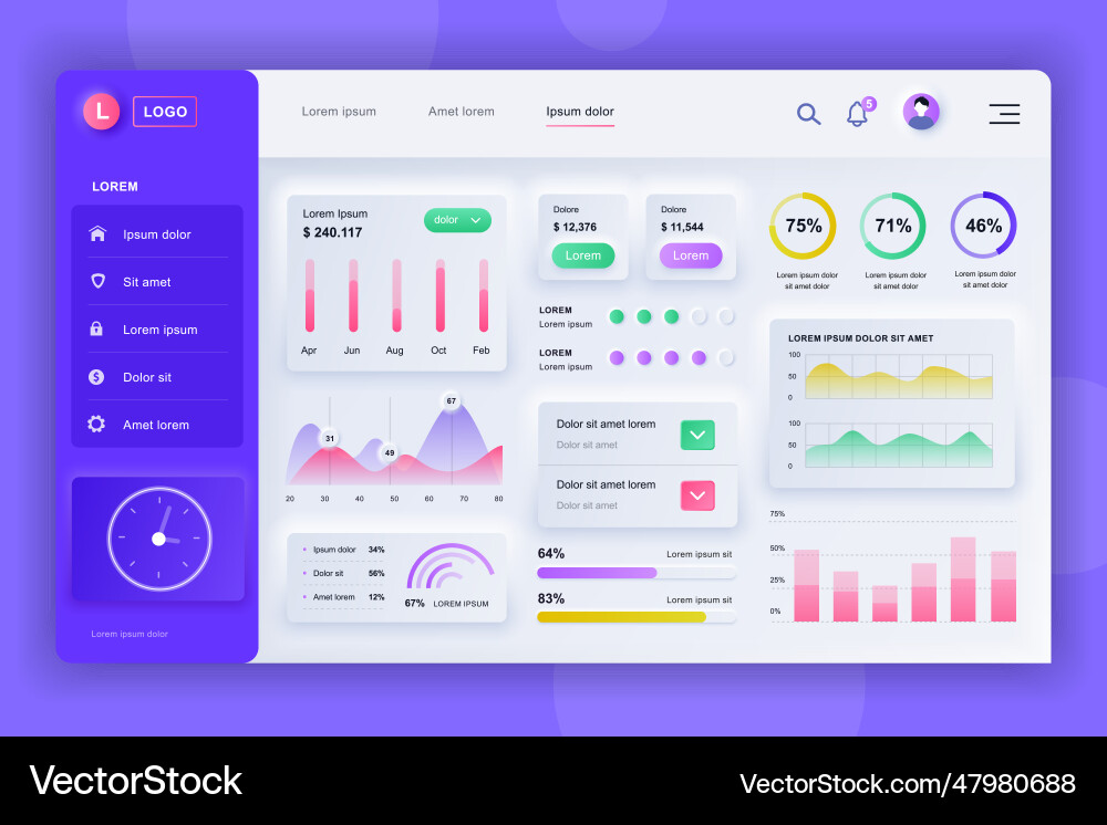 Neumorphic dashboard ui kit admin panel design vector image