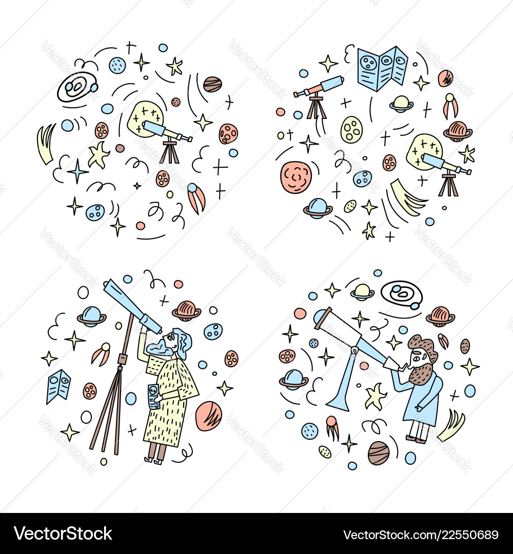 Design of astronomers and space objects Design of astronomers and space objects vector image